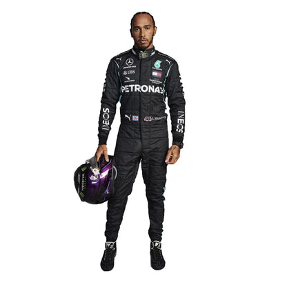 2021 Lewis Hamilton Mercedes F1 Race Suit Package including black karting suit, white driver gloves, and black racing boots