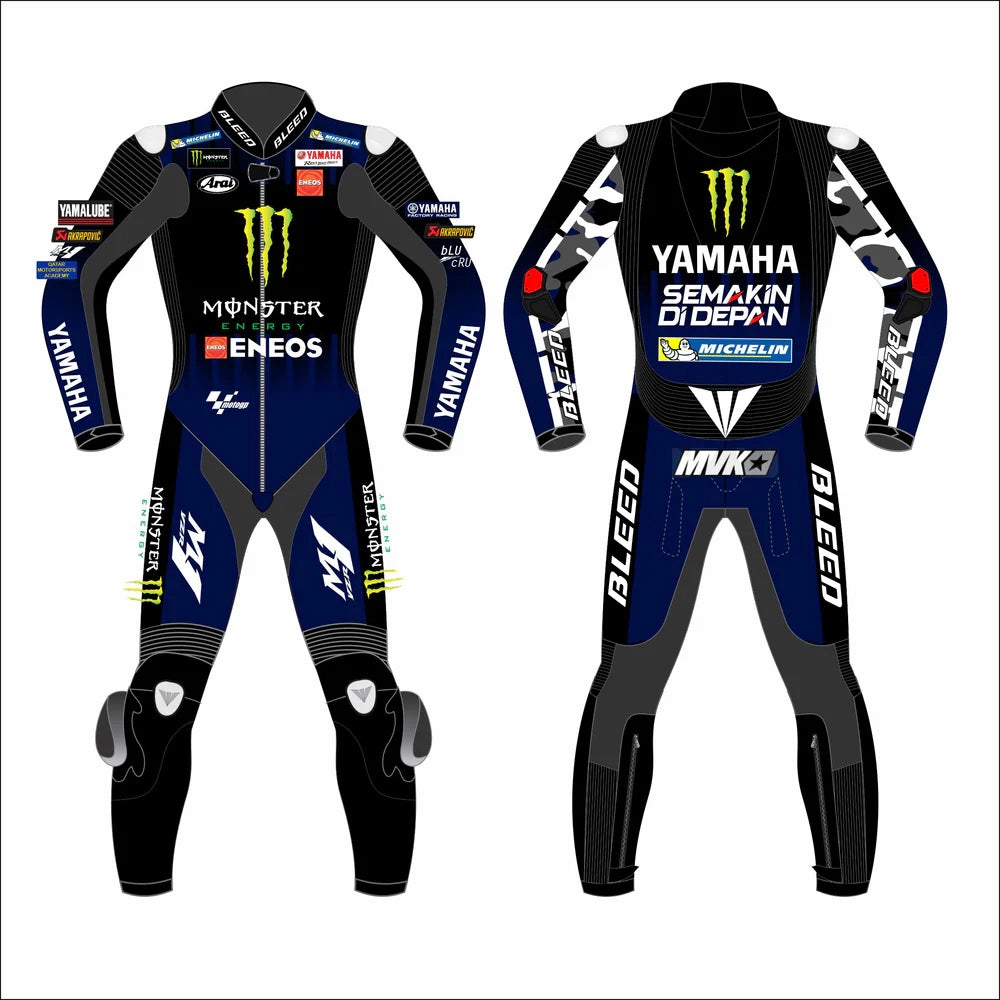 2021 Maverick Vinales MotoGP leather racing suit front view blue black green Monster Energy graphics