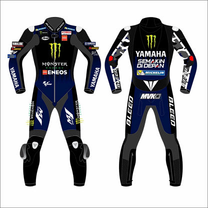2021 Maverick Vinales MotoGP leather racing suit front view blue black green Monster Energy graphics