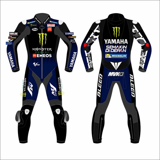 2021 Maverick Vinales MotoGP leather racing suit front view blue black green Monster Energy graphics
