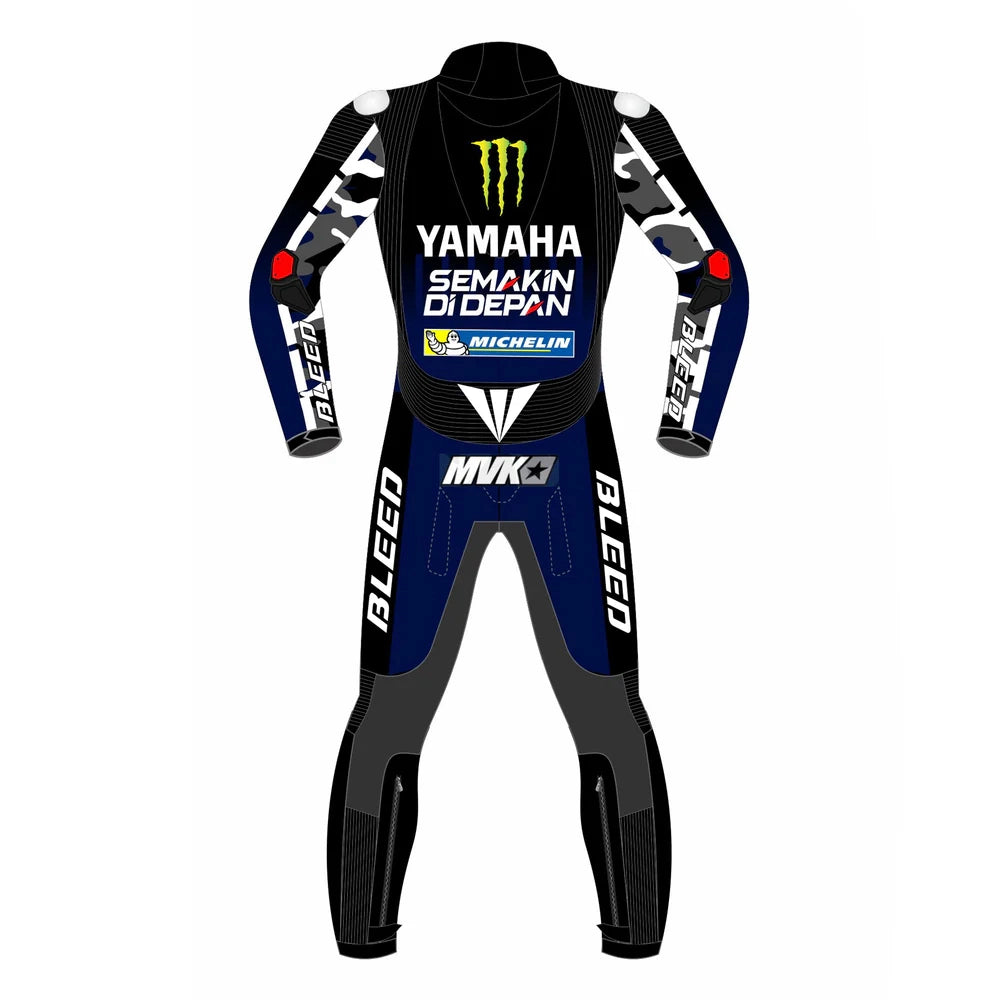 2021 Maverick Vinales MotoGP leather racing suit front view blue black green Monster Energy graphics
