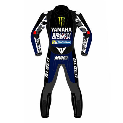 2021 Maverick Vinales MotoGP leather racing suit front view blue black green Monster Energy graphics