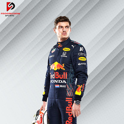 2021 Max Verstappen Red Bull Racing Formula 1 suit featuring the iconic navy blue design with red and yellow accents, adorned with sponsor logos such as Red Bull, Mobil 1, Honda, and Puma.