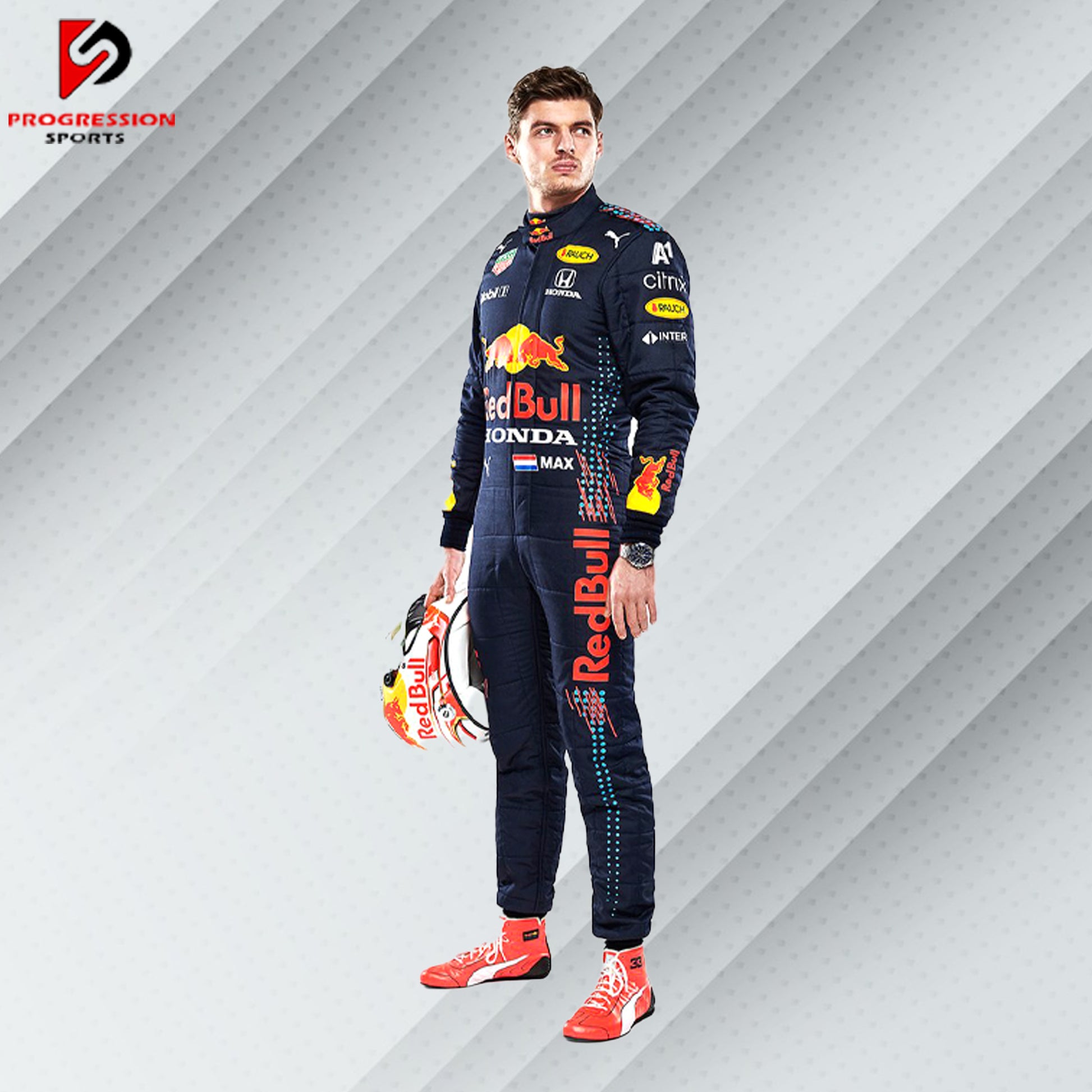 2021 Max Verstappen Red Bull Racing Formula 1 suit featuring the iconic navy blue design with red and yellow accents, adorned with sponsor logos such as Red Bull, Mobil 1, Honda, and Puma.