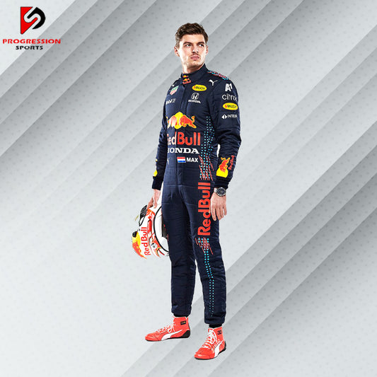 2021 Max Verstappen Red Bull Racing Formula 1 suit featuring the iconic navy blue design with red and yellow accents, adorned with sponsor logos such as Red Bull, Mobil 1, Honda, and Puma.
