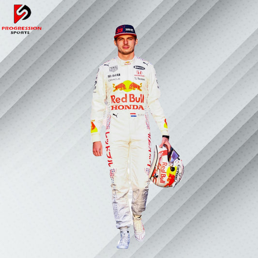 Max Verstappen Red Bull Racing Formula 1 suit featuring the iconic navy blue design with red and yellow accents, adorned with sponsor logos such as Red Bull, Mobil 1, Honda, and Puma.