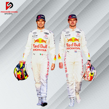 Max Verstappen Red Bull Racing Formula 1 suit featuring the iconic navy blue design with red and yellow accents, adorned with sponsor logos such as Red Bull, Mobil 1, Honda, and Puma.