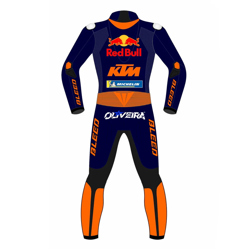2021 Miguel Oliveira MotoGP leather racing suit front view navy blue orange Red Bull KTM graphics