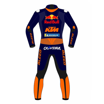 2021 Miguel Oliveira MotoGP leather racing suit front view navy blue orange Red Bull KTM graphics