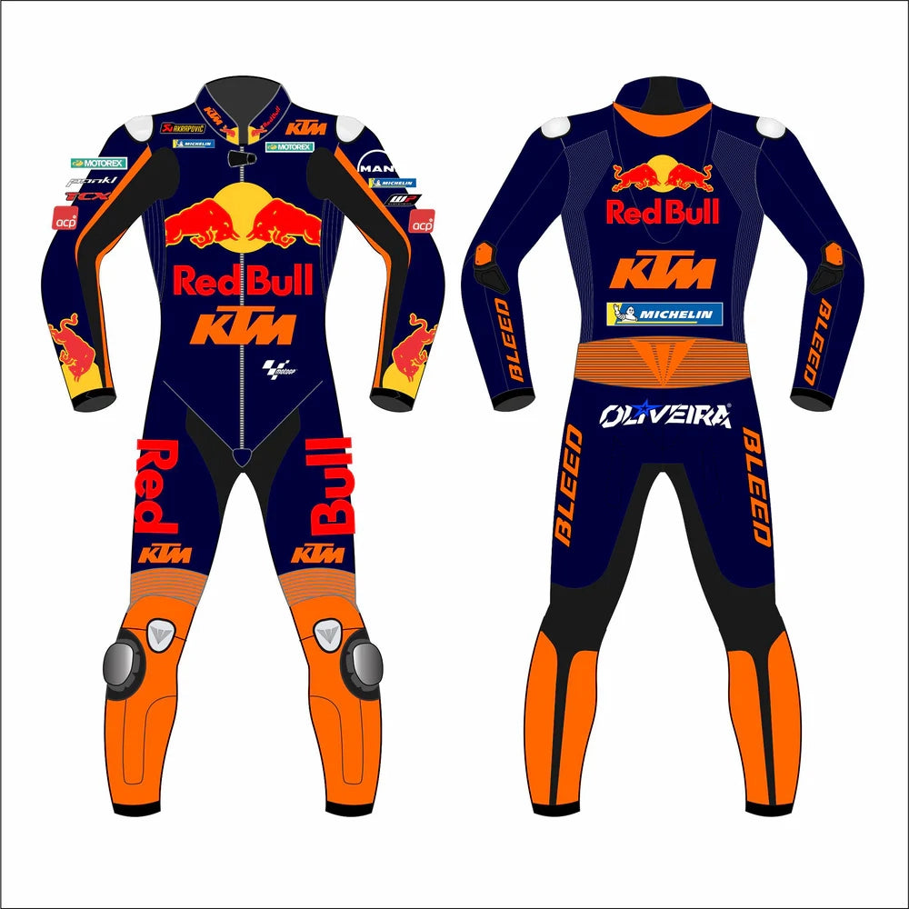 2021 Miguel Oliveira MotoGP leather racing suit front view navy blue orange Red Bull KTM graphics