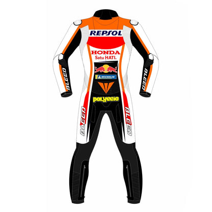 2021 Pol Espargaro MotoGP leather racing suit front view orange white red Repsol Honda graphics