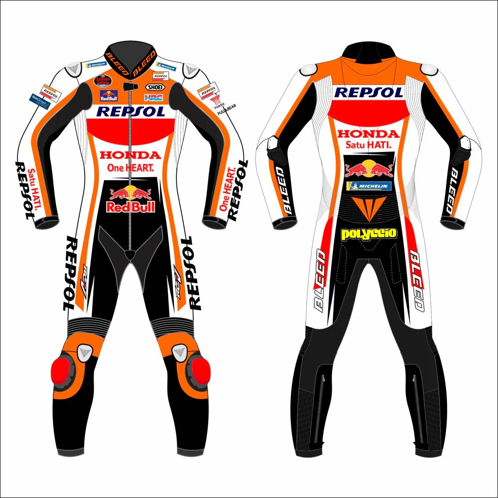 2021 Pol Espargaro MotoGP leather racing suit front view orange white red Repsol Honda graphics