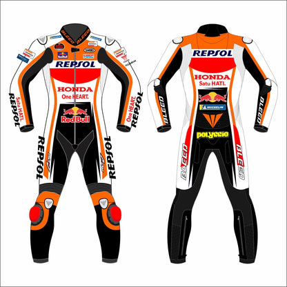 2021 Pol Espargaro MotoGP leather racing suit front view orange white red Repsol Honda graphics