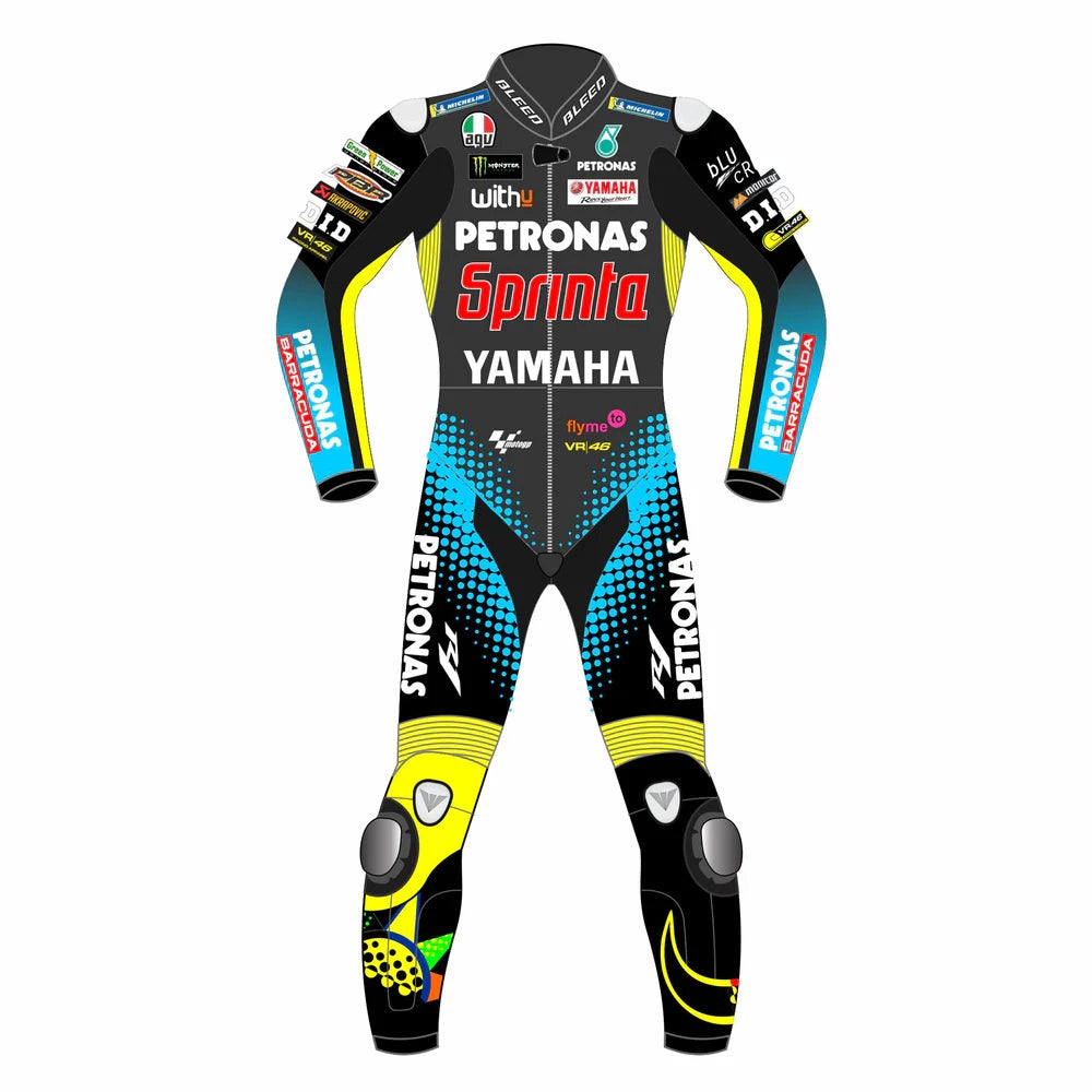 2021 Valentino Rossi MotoGP leather racing suit front view black yellow blue Petronas Yamaha graphics