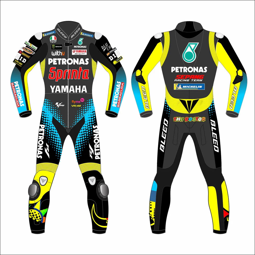 2021 Valentino Rossi MotoGP leather racing suit front view black yellow blue Petronas Yamaha graphics