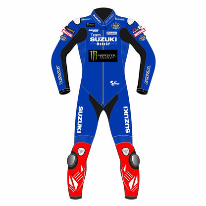 2022 Alex Rins MotoGP leather racing suit front view blue red Suzuki Ecstar graphics