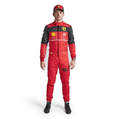 2022 Charles Leclerc Red F1 Race Suit full view featuring black upper-chest color-blocking, Santander sponsor graphics, and driver number 16
