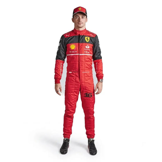2022 Charles Leclerc Red F1 Race Suit full view featuring black upper-chest color-blocking, Santander sponsor graphics, and driver number 16