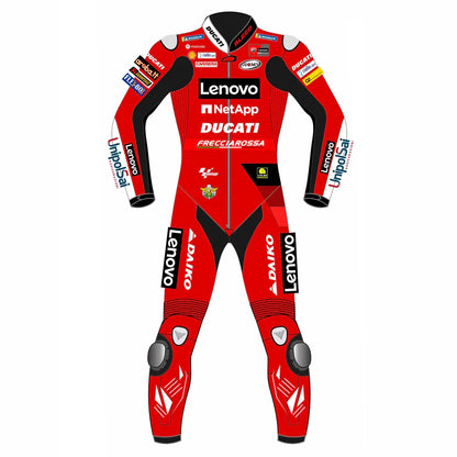 2022 Francesco Bagnaia MotoGP leather racing suit front view factory red Ducati Lenovo graphics