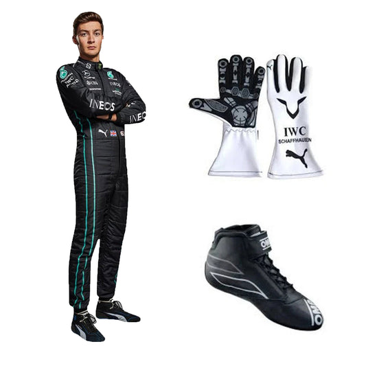 2022 George Russell Mercedes F1 Race Suit Package including black karting suit, white driver gloves, and black racing boots