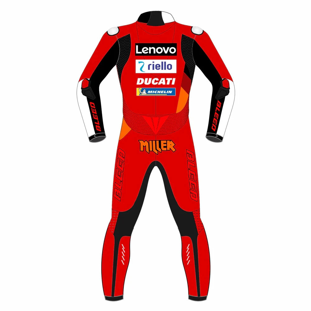 2022 Jack Miller MotoGP leather racing suit front view factory red Ducati Lenovo graphics