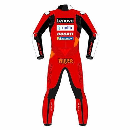 2022 Jack Miller MotoGP leather racing suit front view factory red Ducati Lenovo graphics