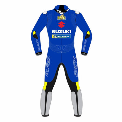 2022 Joan Mir MotoGP leather racing suit front view blue Suzuki Ecstar graphics number 36 camo details