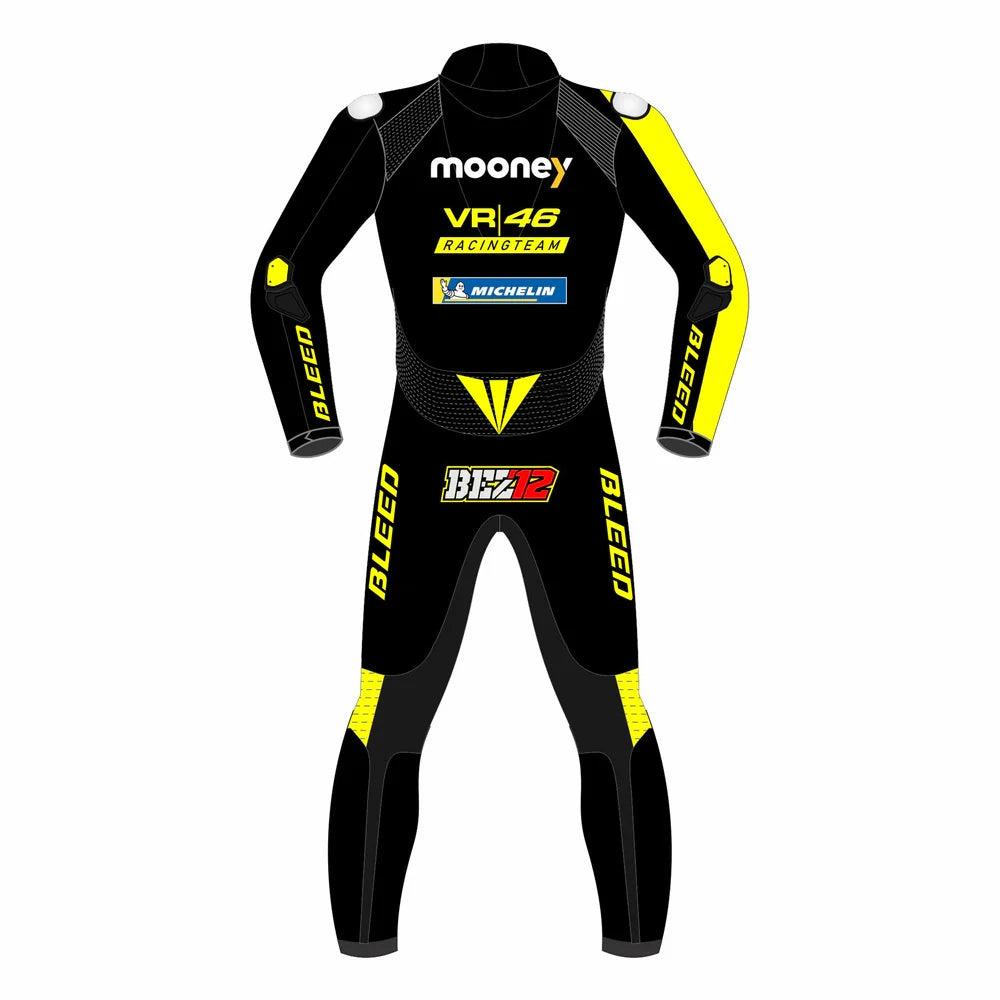 2022 Marco Bezzecchi Mooney VR46 MotoGP leather race suit in black and yellow with CE Level 2 armor, front view
