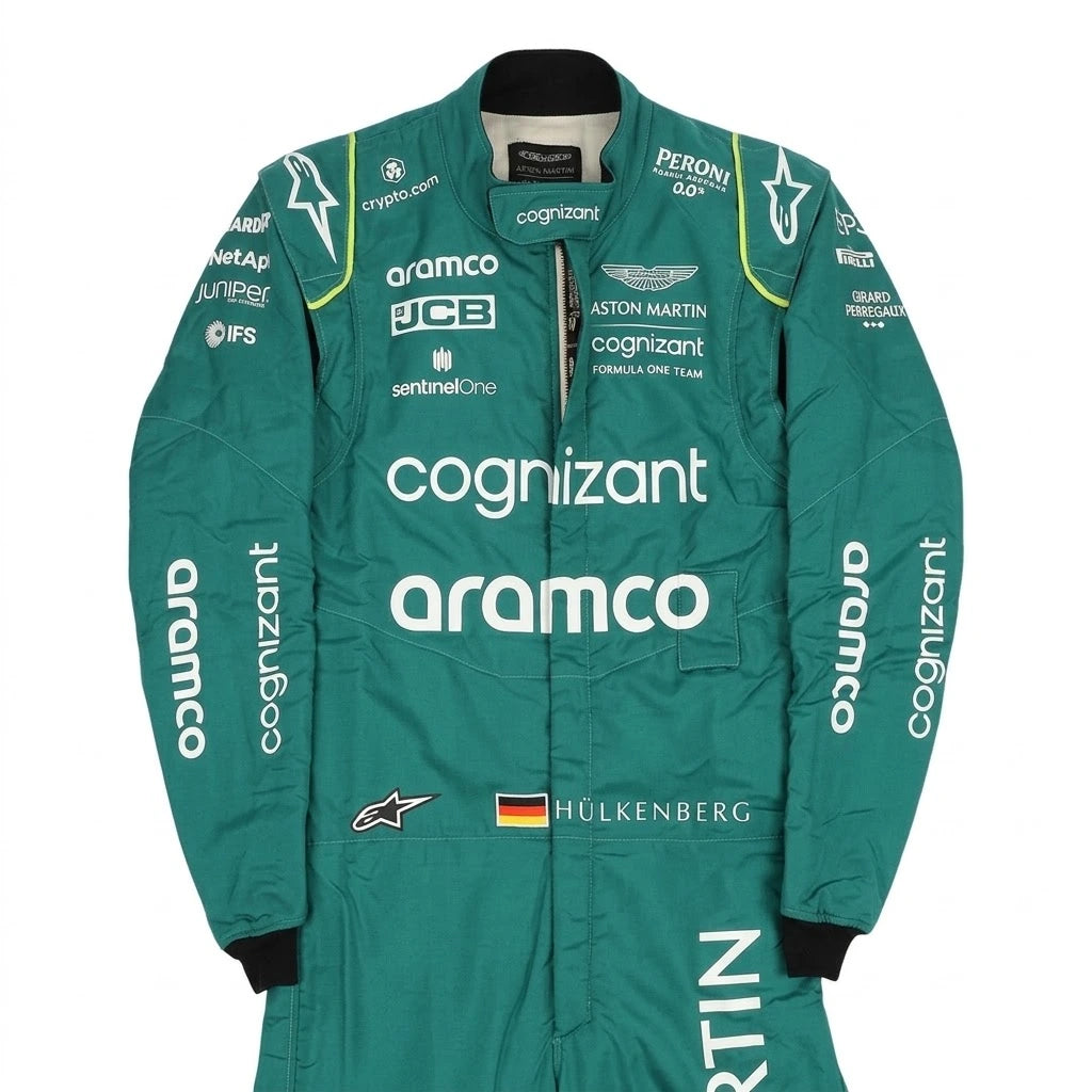 2022 Nico Hulkenberg Aston Martin F1 race suit front view in British racing green with Aramco logo and German flag belt