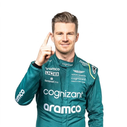 2022 Nico Hulkenberg Aston Martin F1 race suit front view in British racing green with Aramco logo and German flag belt\