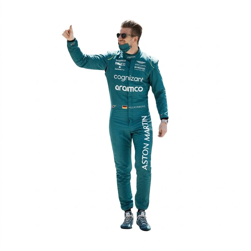 2022 Nico Hulkenberg Aston Martin F1 race suit front view in British racing green with Aramco logo and German flag belt