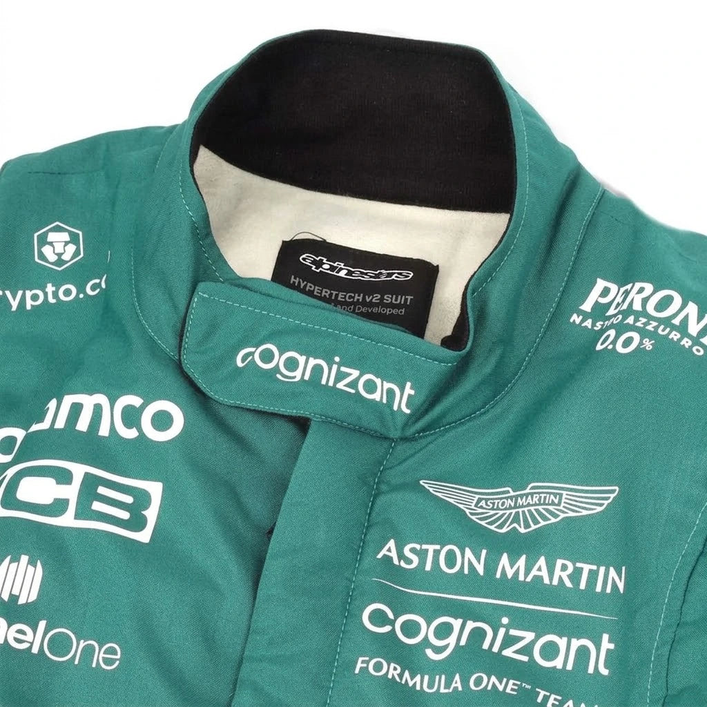 2022 Nico Hulkenberg Aston Martin F1 race suit front view in British racing green with Aramco logo and German flag belt
