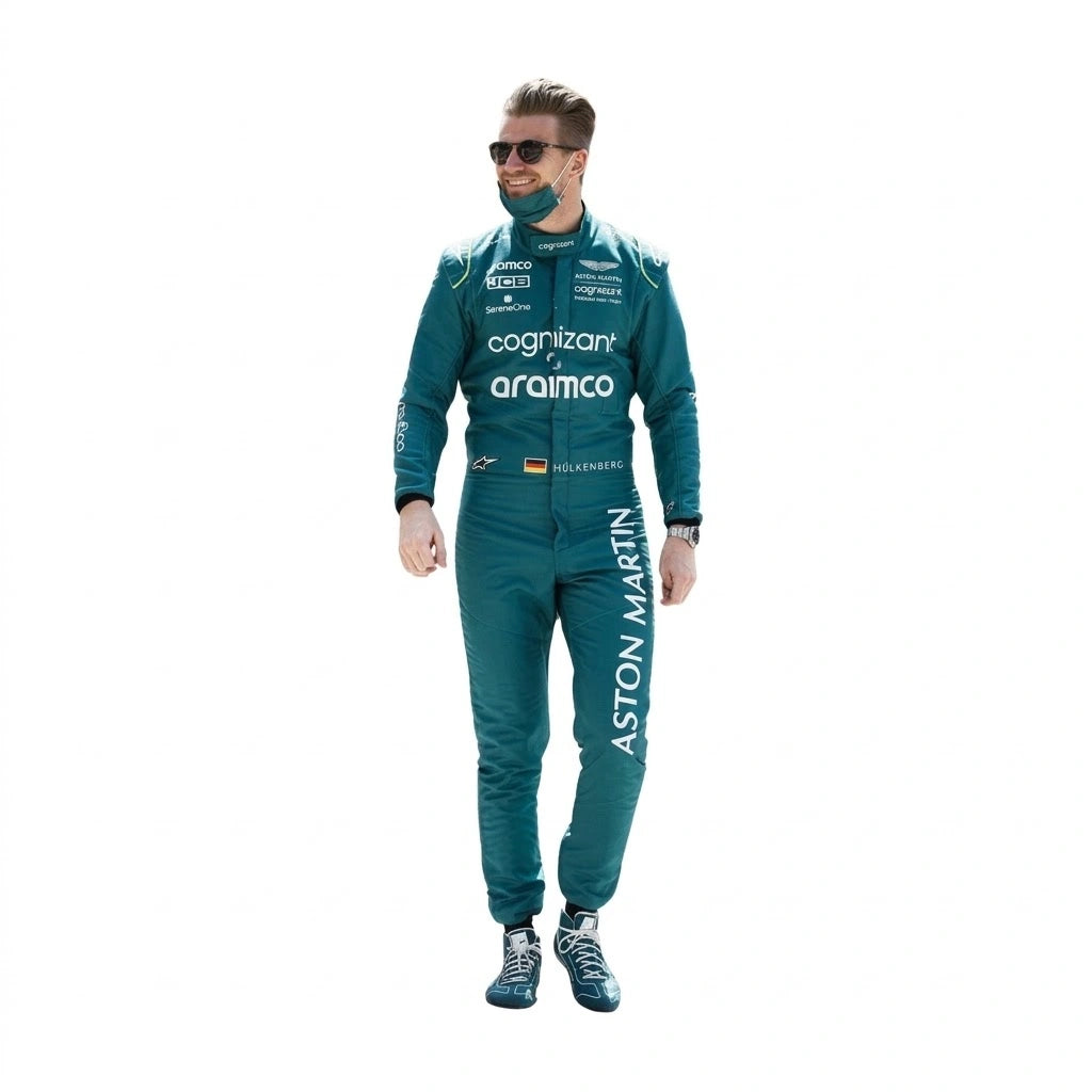 2022 Nico Hulkenberg Aston Martin F1 race suit front view in British racing green with Aramco logo and German flag belt