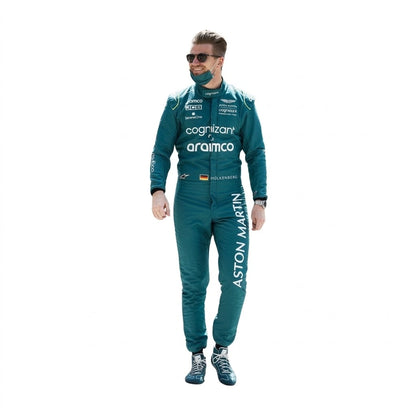 2022 Nico Hulkenberg Aston Martin F1 race suit front view in British racing green with Aramco logo and German flag belt