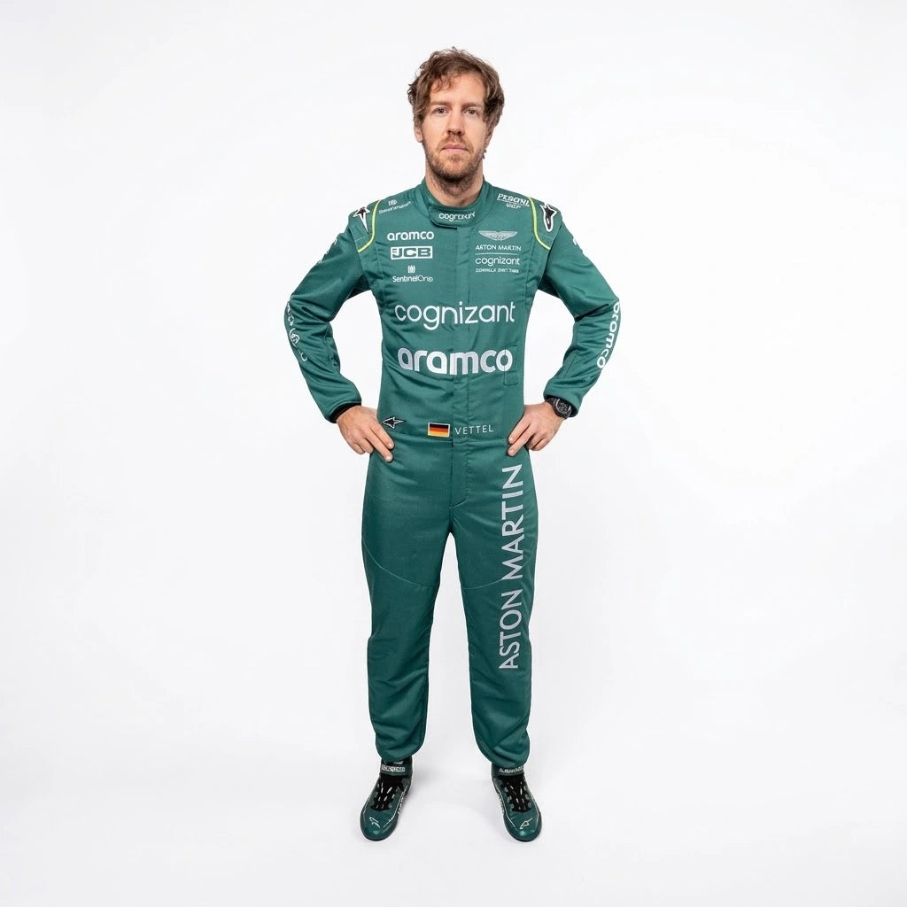 2022 Sebastian Vettel Aston Martin F1 race suit in British racing green with Aramco logo and German flag belt detail