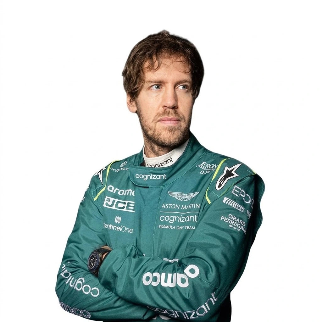 2022 Sebastian Vettel Aston Martin F1 race suit in British racing green with Aramco logo and German flag belt detail