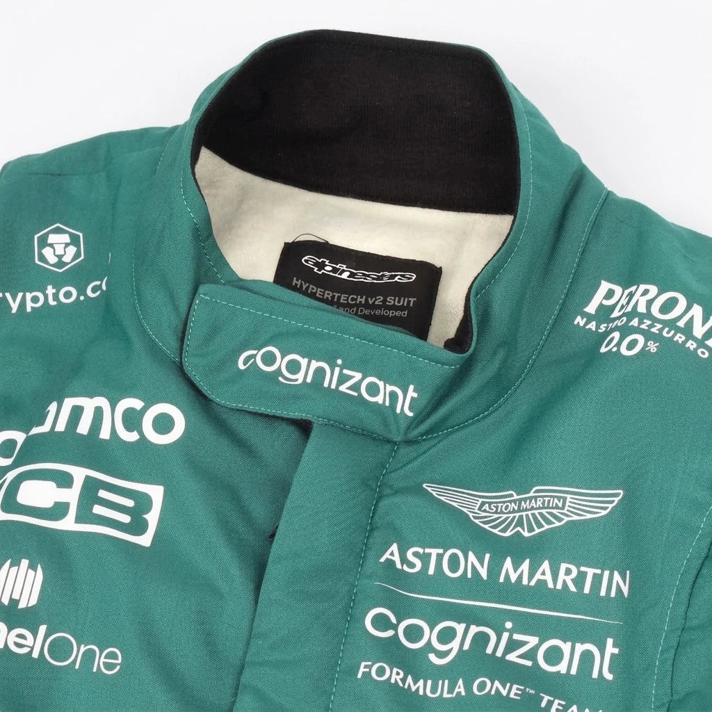 2022 Sebastian Vettel Aston Martin F1 race suit in British racing green with Aramco logo and German flag belt detail