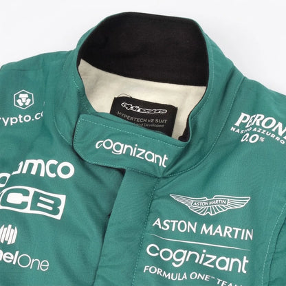 2022 Sebastian Vettel Aston Martin F1 race suit in British racing green with Aramco logo and German flag belt detail