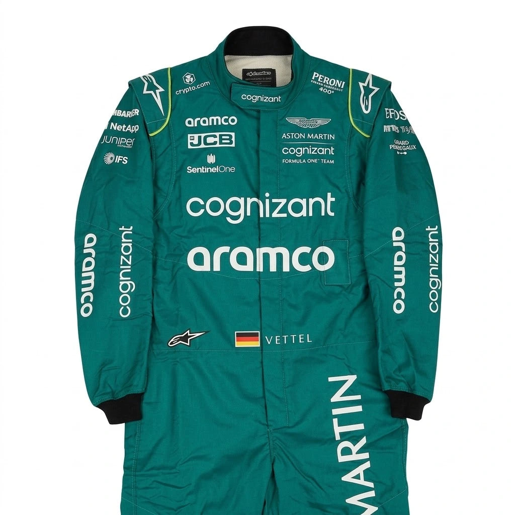 2022 Sebastian Vettel Aston Martin F1 race suit in British racing green with Aramco logo and German flag belt detail