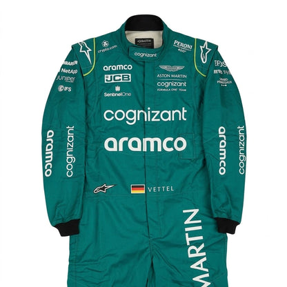 2022 Sebastian Vettel Aston Martin F1 race suit in British racing green with Aramco logo and German flag belt detail