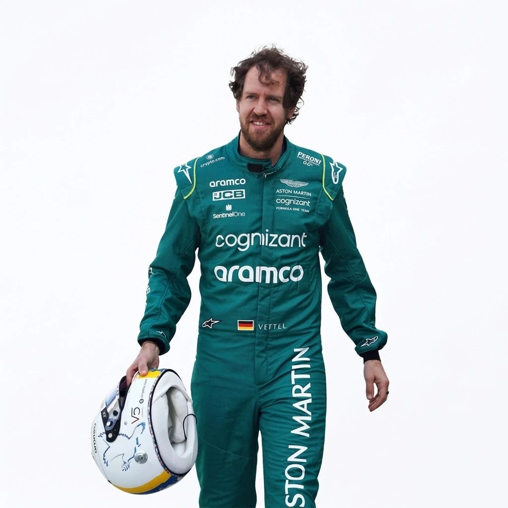 2022 Sebastian Vettel Aston Martin F1 race suit in British racing green with Aramco logo and German flag belt detail