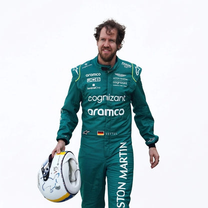 2022 Sebastian Vettel Aston Martin F1 race suit in British racing green with Aramco logo and German flag belt detail