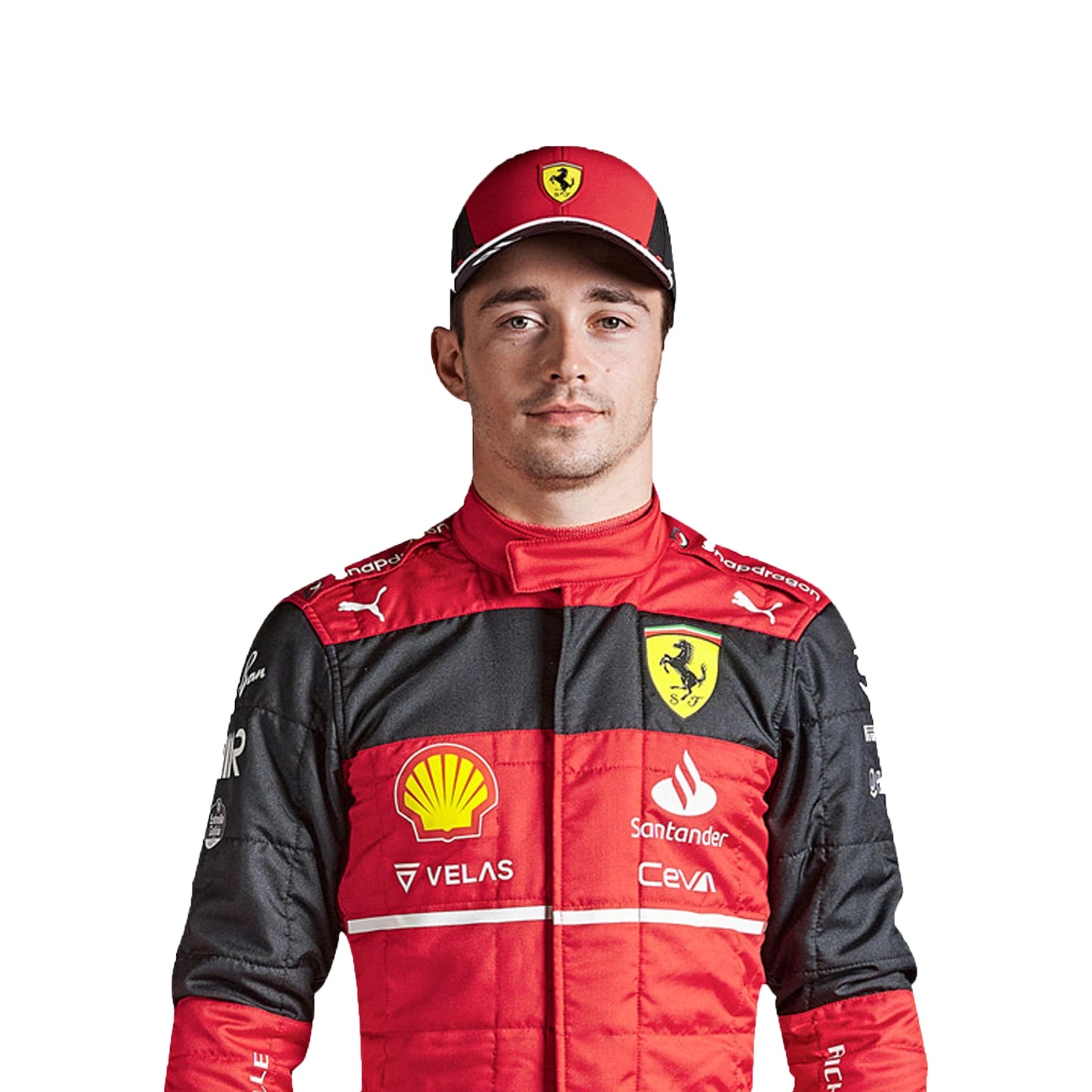 Person wearing a red and black racing suit with various sponsor logos on a white background