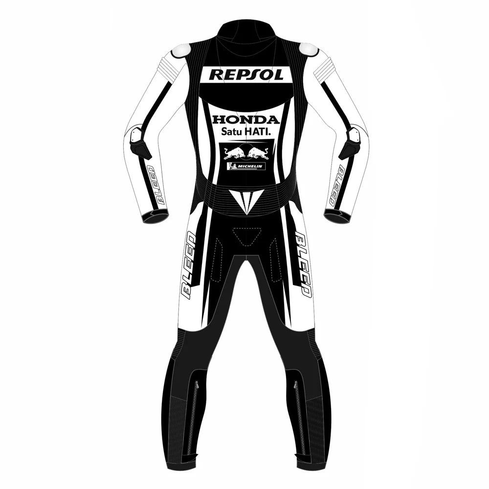 2022 Aleix Espargaro MotoGP leather racing suit front view white black Repsol graphics