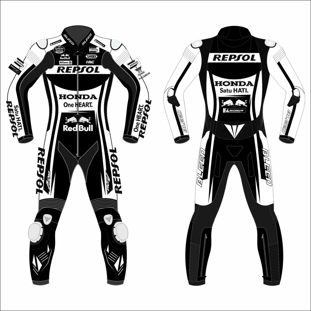 2022 Aleix Espargaro MotoGP leather racing suit front view white black Repsol graphics