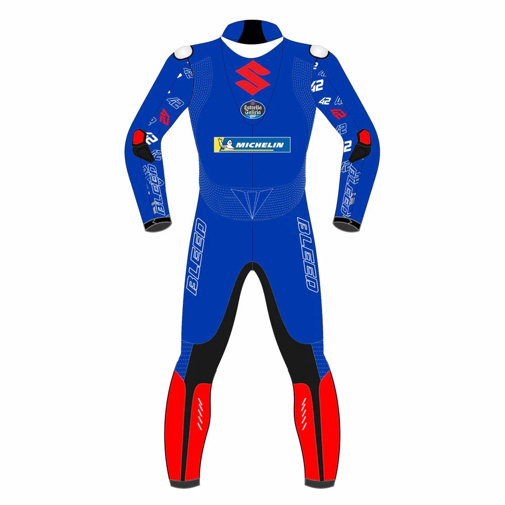 2022 Alex Rins MotoGP leather racing suit front view blue red Suzuki Ecstar graphics
