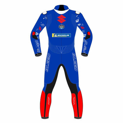 2022 Alex Rins MotoGP leather racing suit front view blue red Suzuki Ecstar graphics