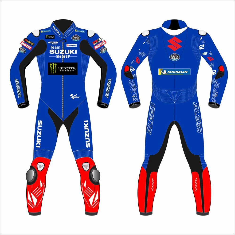 2022 Alex Rins MotoGP leather racing suit front view blue red Suzuki Ecstar graphics