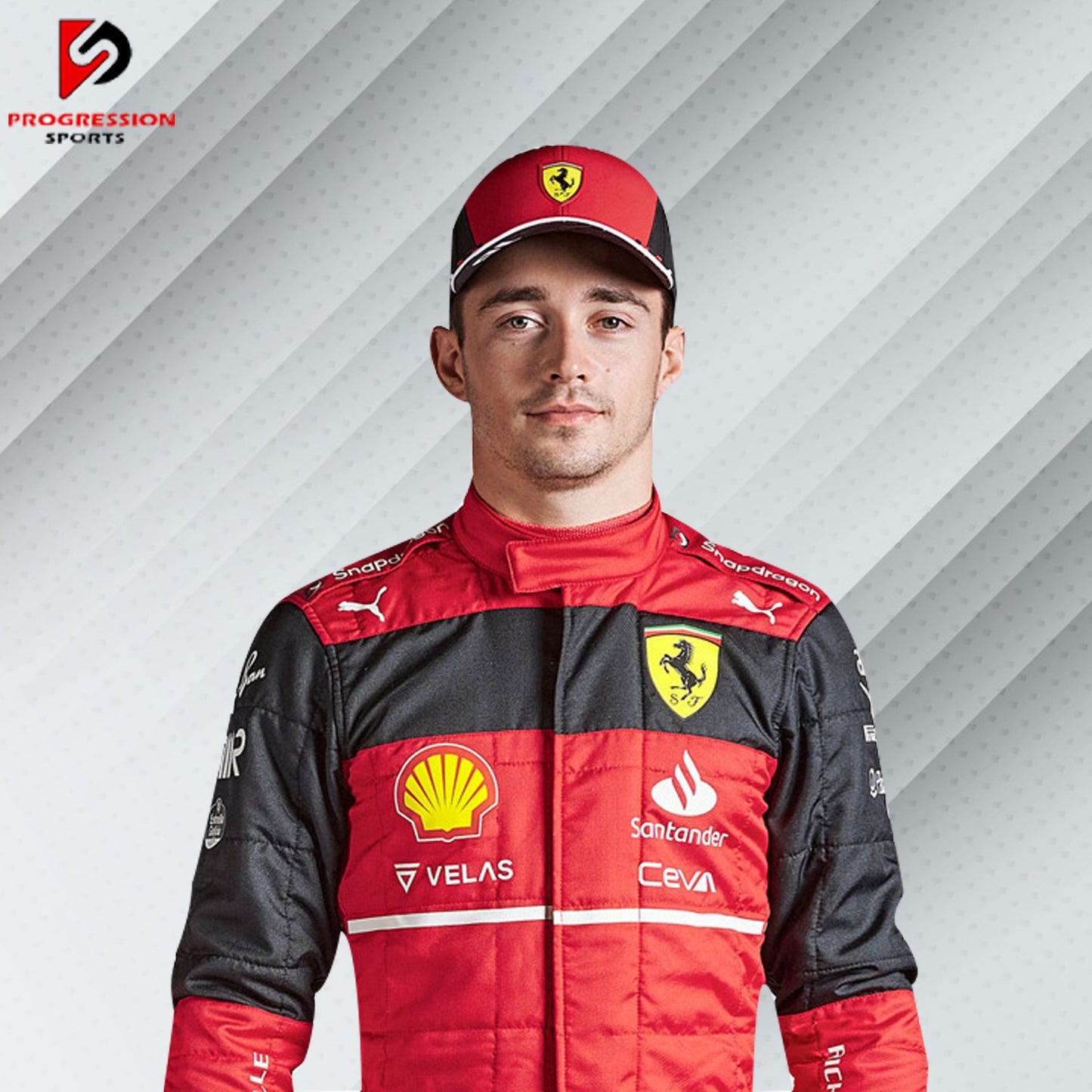 2022 Charles Leclerc Ferrari F1 race suit in red with Santander, Shell, and Ray-Ban sponsor logos

