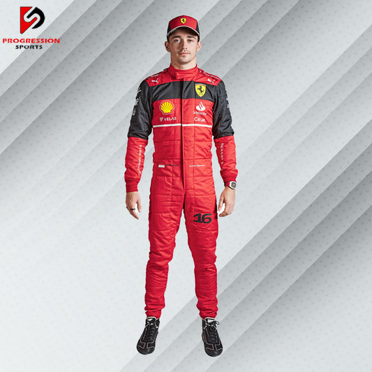 2022 Charles Leclerc Ferrari F1 race suit in red with Santander, Shell, and Ray-Ban sponsor logos

